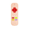 A pink silicone teething remote with various buttons including power, ok, and navigation controls.