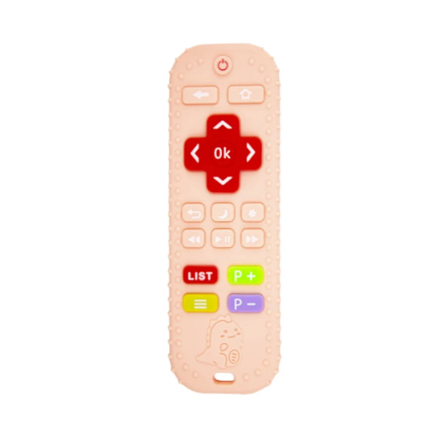 A pink silicone teething remote with various buttons including power, ok, and navigation controls.
