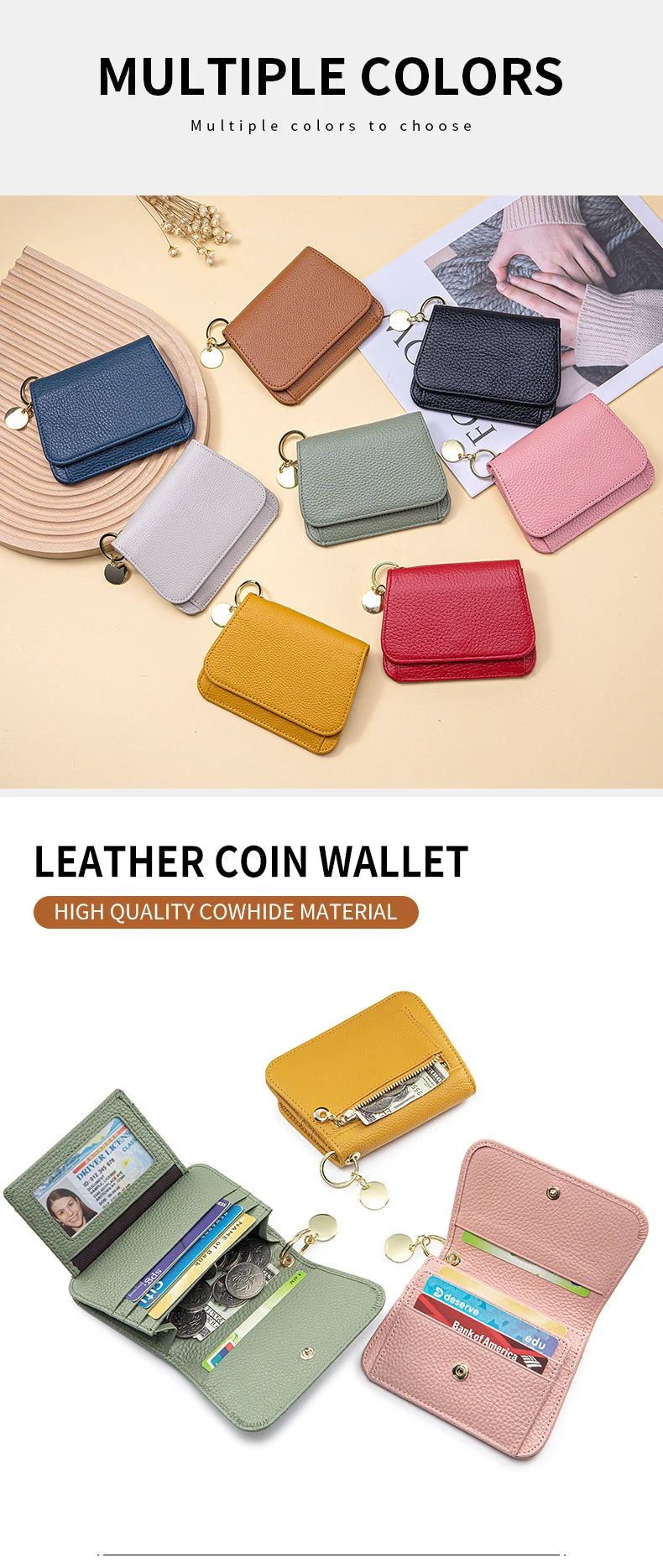 Genuine Leather Tri-Fold Wallet with Coin Pocket & Keychain