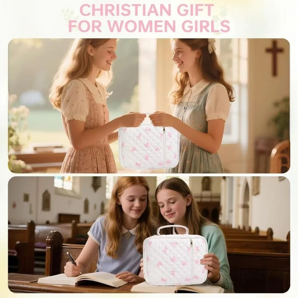 Two young women smiling while holding a white floral quilted Bible cover with a zipper pocket and carry handle.