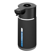 A black automatic foaming soap dispenser with a touchless sensor and a clear liquid inside.