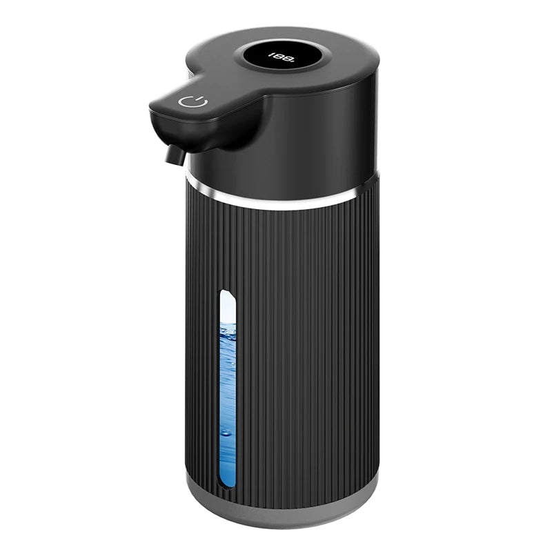 A black automatic foaming soap dispenser with a touchless sensor and a clear liquid inside.