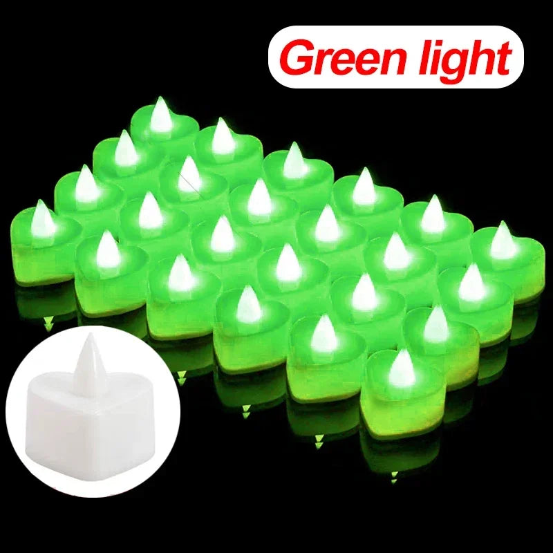 A row of bright green heart-shaped flameless LED candles glowing on a black background.