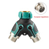 A garden hose Y-splitter with independent valve control featuring a teal and black design and brass fittings.