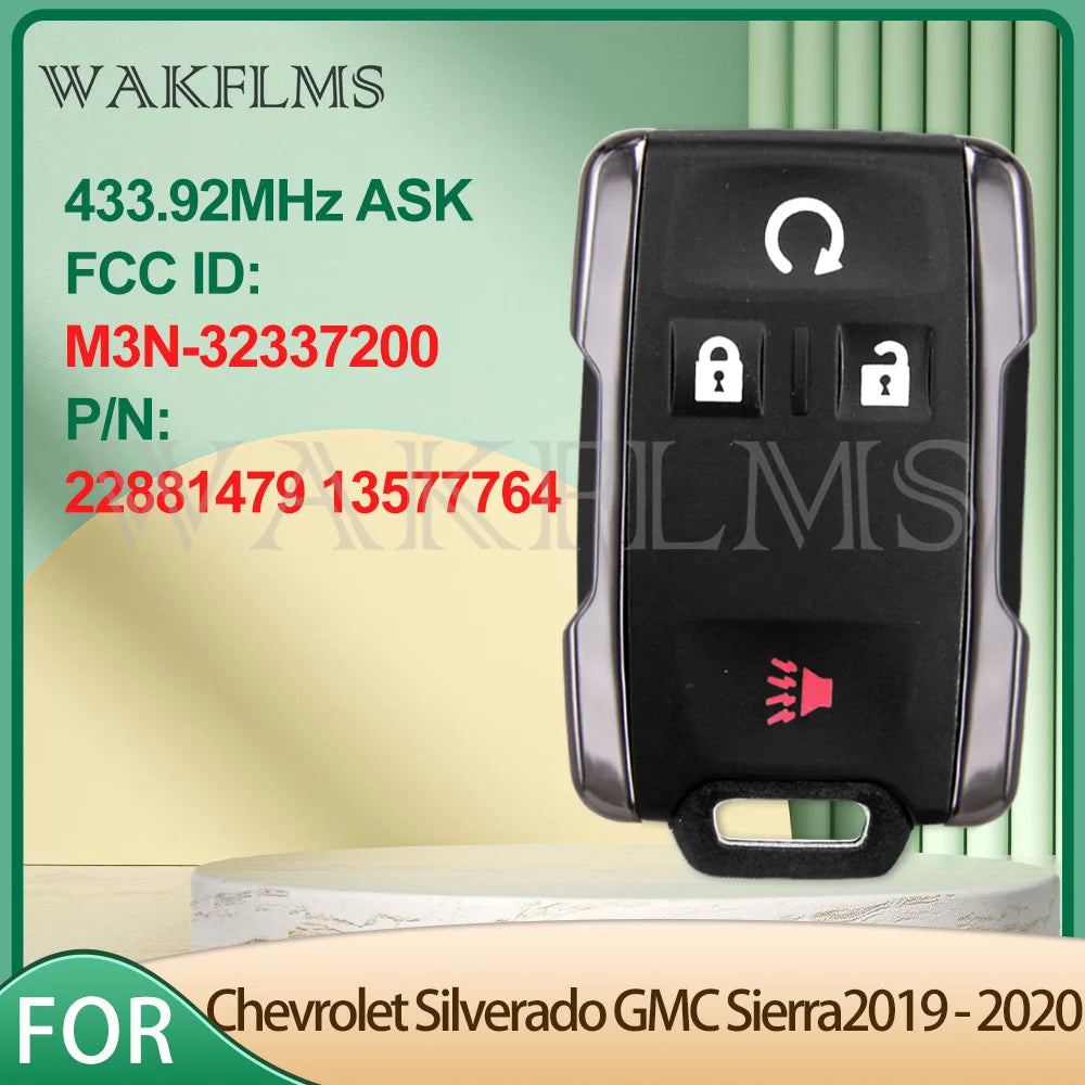 A black remote key fob for a Chevrolet Silverado or GMC Sierra truck is shown on a light background.