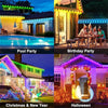 Four images showing various outdoor lighting setups for a pool party, birthday party, Christmas and New Year, and Halloween.