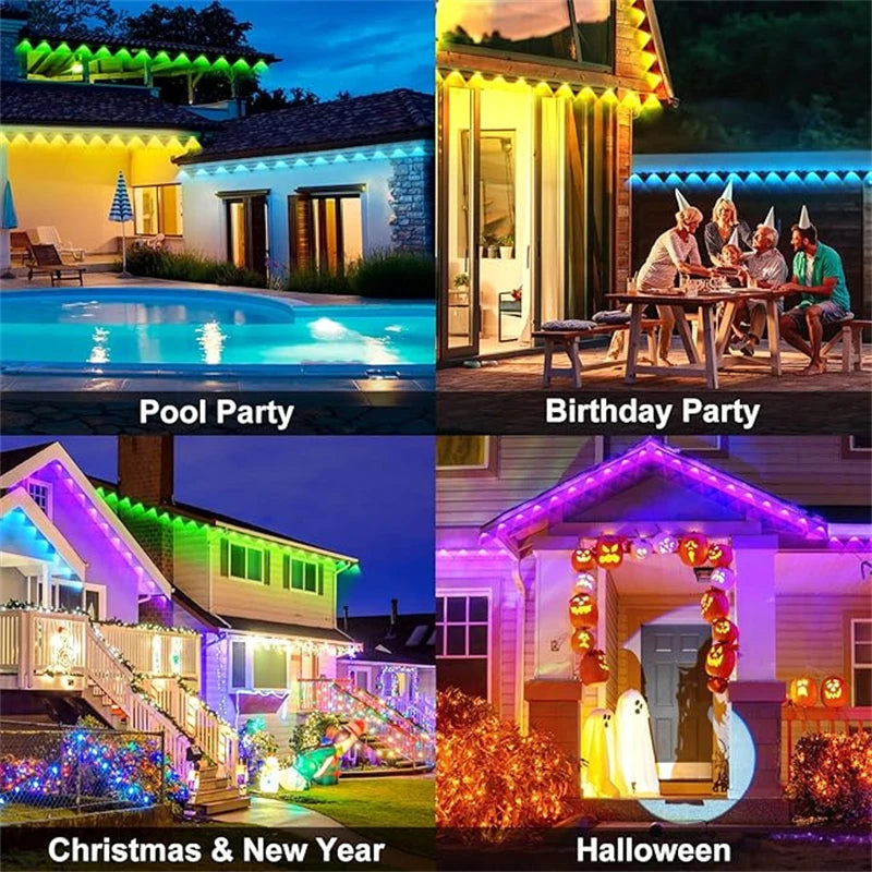 Four images showing various outdoor lighting setups for a pool party, birthday party, Christmas and New Year, and Halloween.