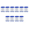 A set of six blue and white rotating kitchen faucet water filters with splash guards.