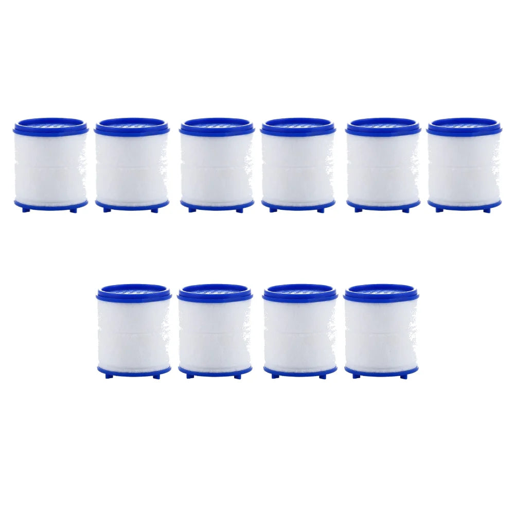 A set of six blue and white rotating kitchen faucet water filters with splash guards.