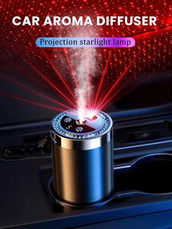 Lampe diffuseur d'arôme pour voiture avec lumière LED projetée sur l'intérieur d'une voiture.