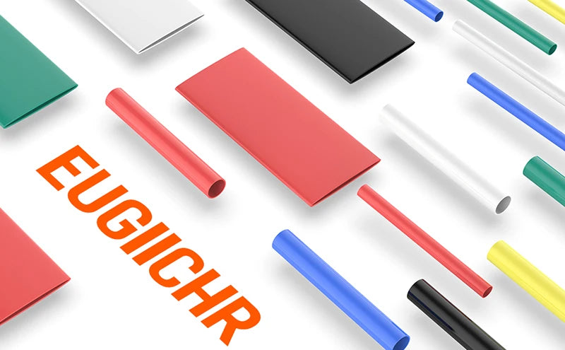 A collection of various colored heat shrink tubing and sleeves, including red, blue, green, and black.