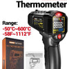 Black ANENG TH203 infrared thermometer with a digital display and temperature gun shown next to its box.