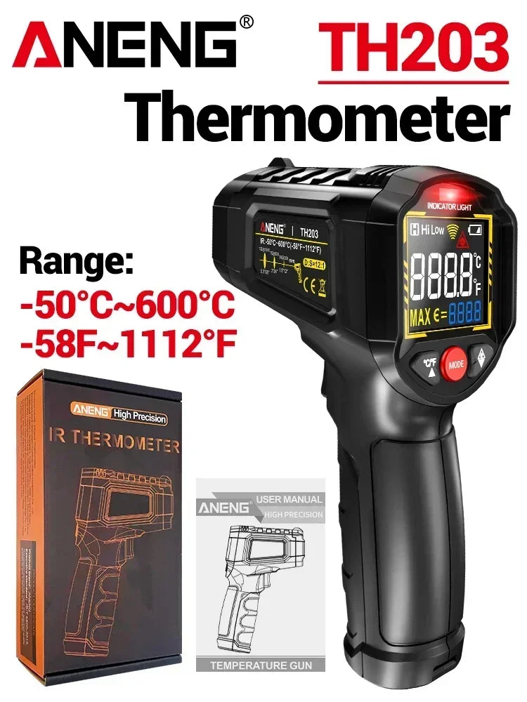 Black ANENG TH203 infrared thermometer with a digital display and temperature gun shown next to its box.
