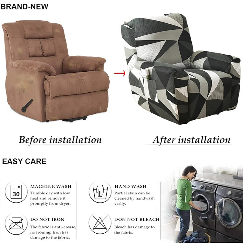 Printed Recliner Cover with Side Pocket — 4-Piece Set