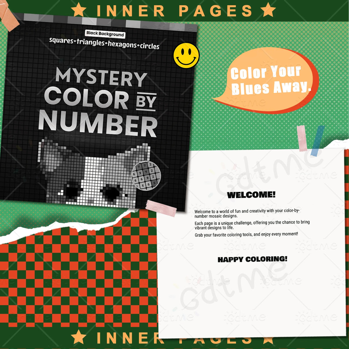 A page from a coloring book featuring a mystery color by number design of a dog face on a black grid background.