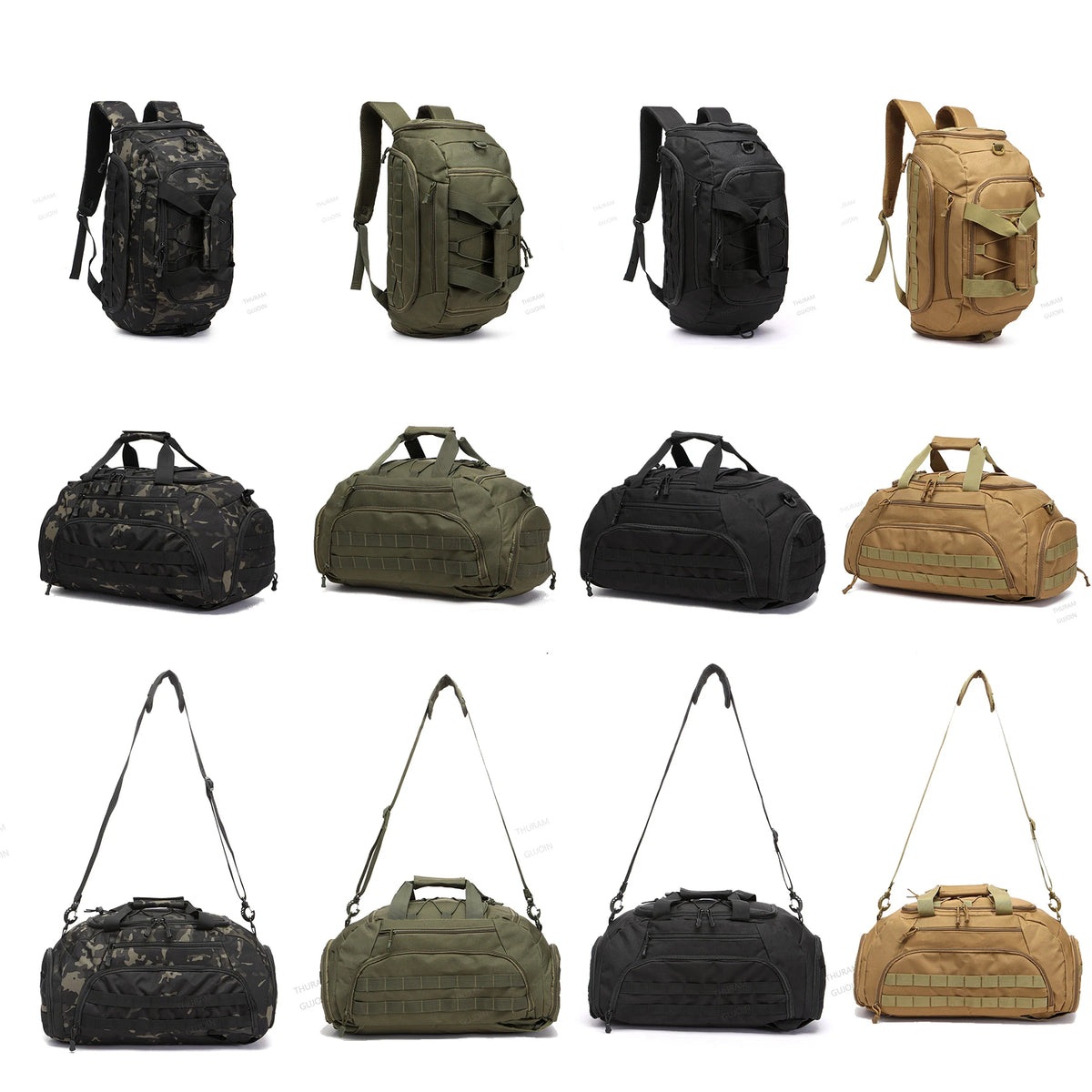 A set of four olive green and brown tactical gym backpacks shown from the side.