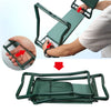 A heavy duty foldable garden kneeler seat with a tool pouch shown in various angles.