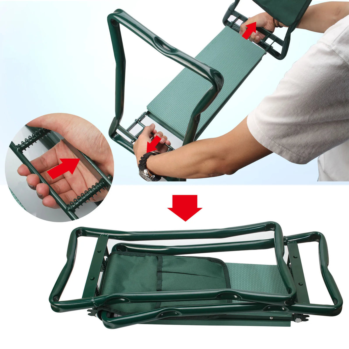A heavy duty foldable garden kneeler seat with a tool pouch shown in various angles.