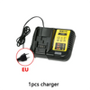 A black DCB112 charger with a cable and an EU mark is shown.