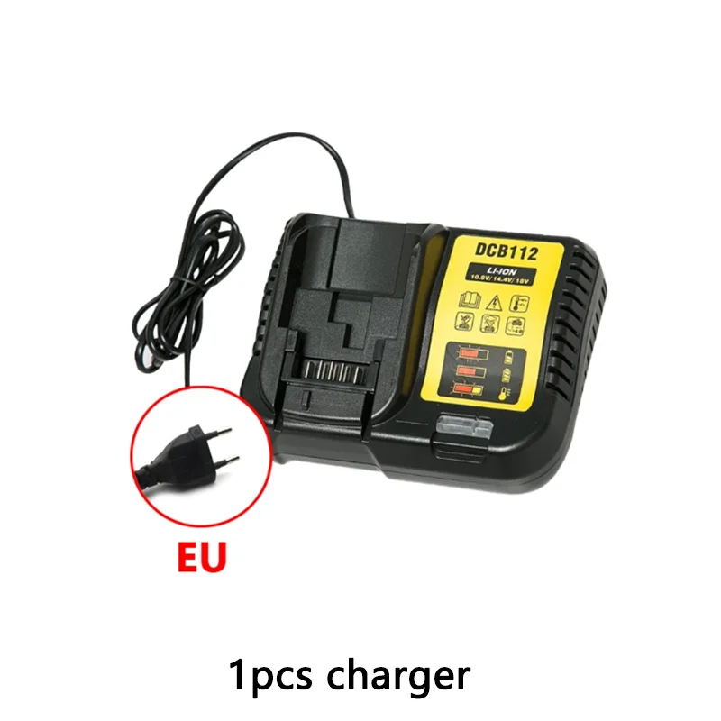 A black DCB112 charger with a cable and an EU mark is shown.