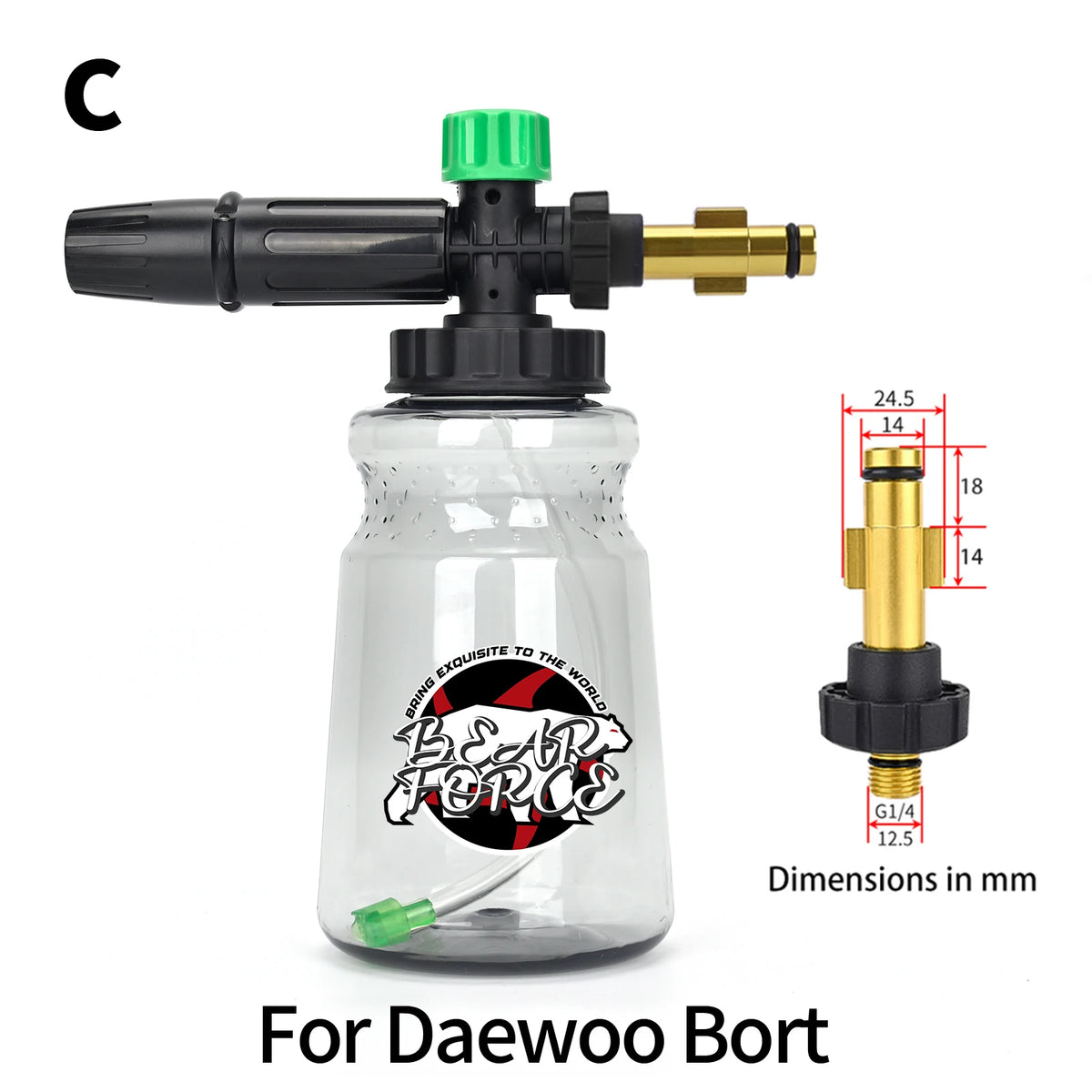 A clear plastic bottle with a green cap and brass fitting, designed for a Daewoo Bort snow foam lance.
