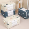 A foldable storage bag for blankets and clothes with a zipper, featuring light and dark blue patterned fabric.