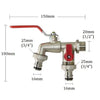 A brass garden water faucet with a lever handle, shown with various dimensions.