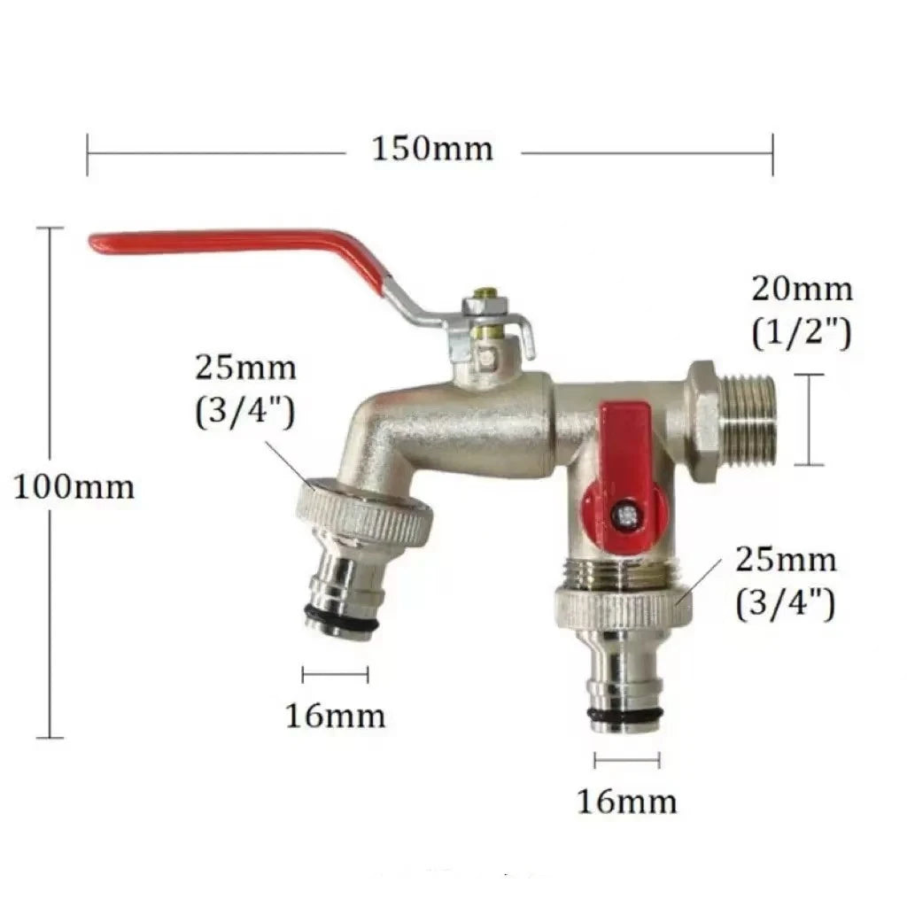 A brass garden water faucet with a lever handle, shown with various dimensions.