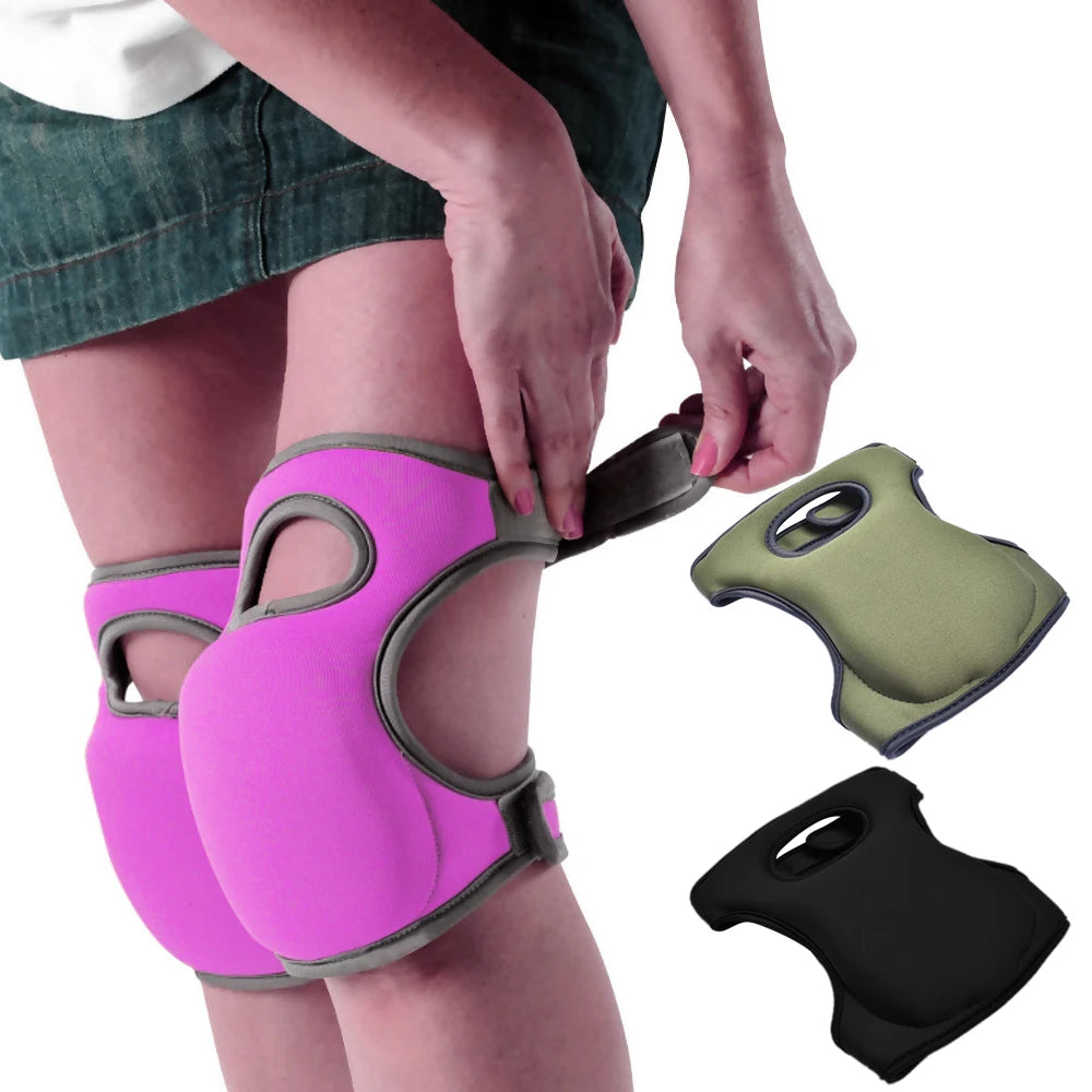 A person is applying soft foam kneepads to their knees, showing various colors of the protective pads.