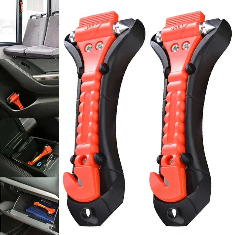 Orange and black emergency escape hammer tool designed for seatbelt cutting.