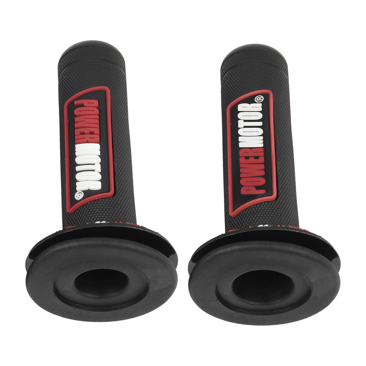 A pair of black motorcycle handlebar grips with red Power Motor branding and rubber pads.