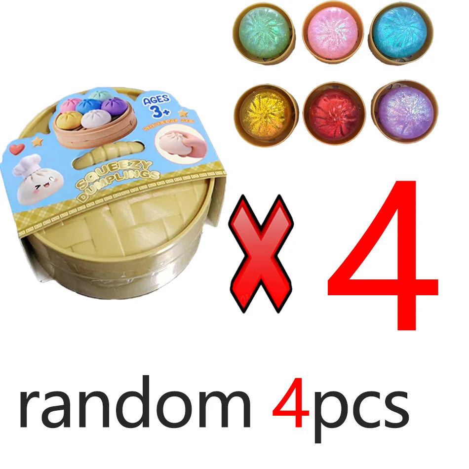 A package of glitter dumpling squishy toys showing various colored squishies and a red multiplication sign with the number 4.