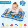 A baby is playing on a blue and purple floating marine toy mat featuring various sea creatures like a starfish, butterflyfish