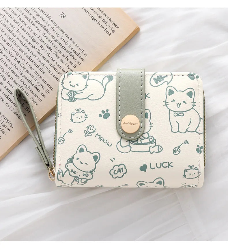 Cute Cat Face PU Leather Coin Purse with Wrist Strap