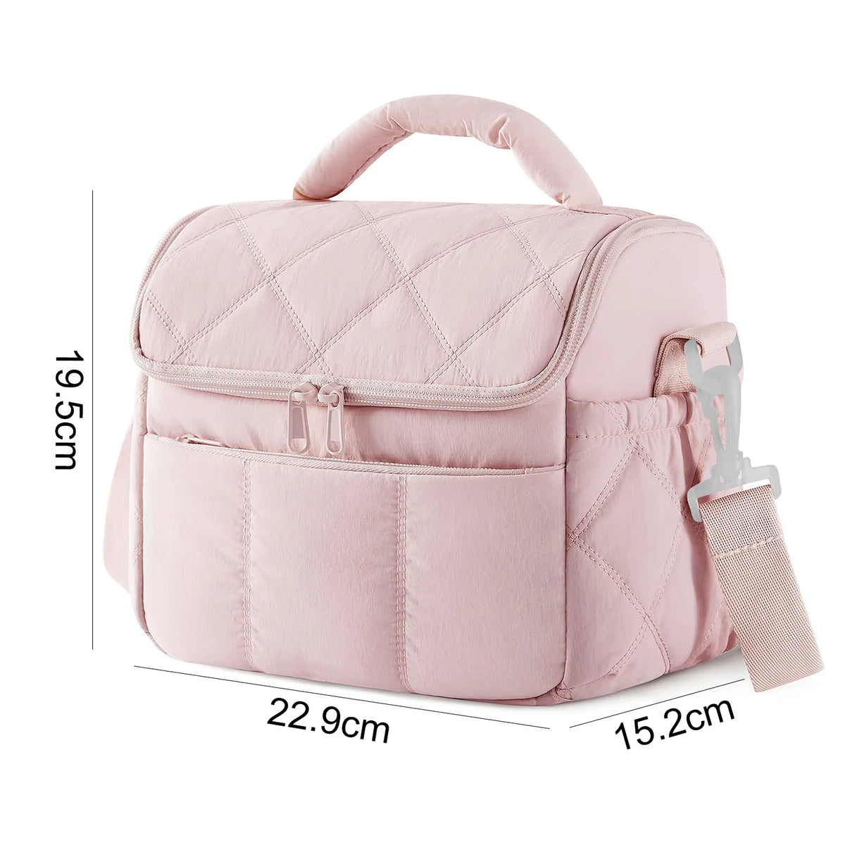Pink insulated leakproof nylon lunch bag with a padded design and carrying strap