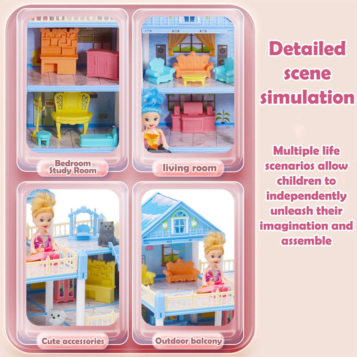 Pink castle dollhouse featuring various scenes including a bedroom, living room, cute accessories, and an outdoor balcony.