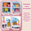 Pink castle dollhouse featuring various scenes including a bedroom, living room, cute accessories, and an outdoor balcony.