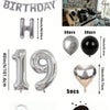 A kit featuring silver and black foil balloons, including large numbers, heart shapes, and confetti.