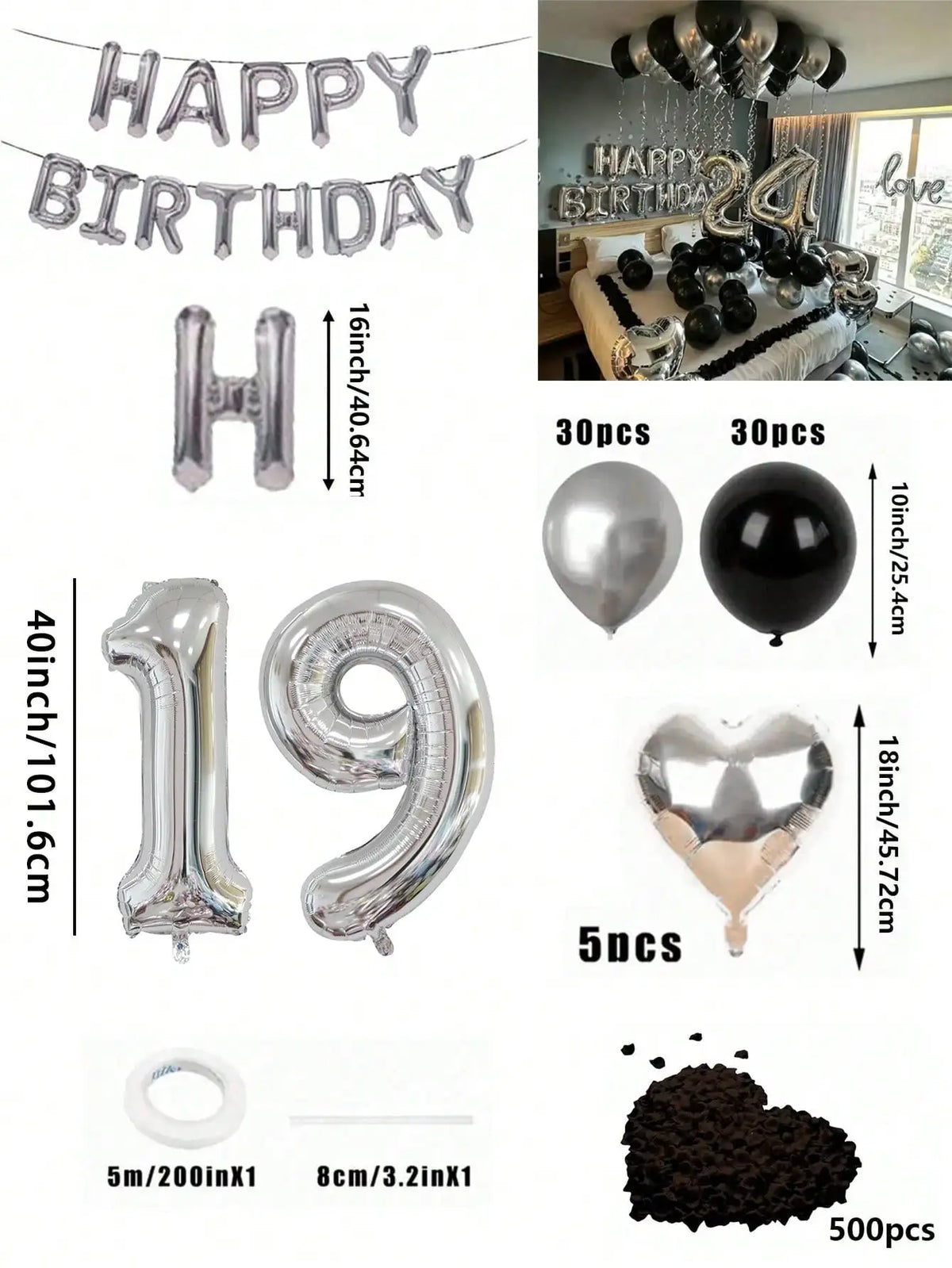 A kit featuring silver and black foil balloons, including large numbers, heart shapes, and confetti.