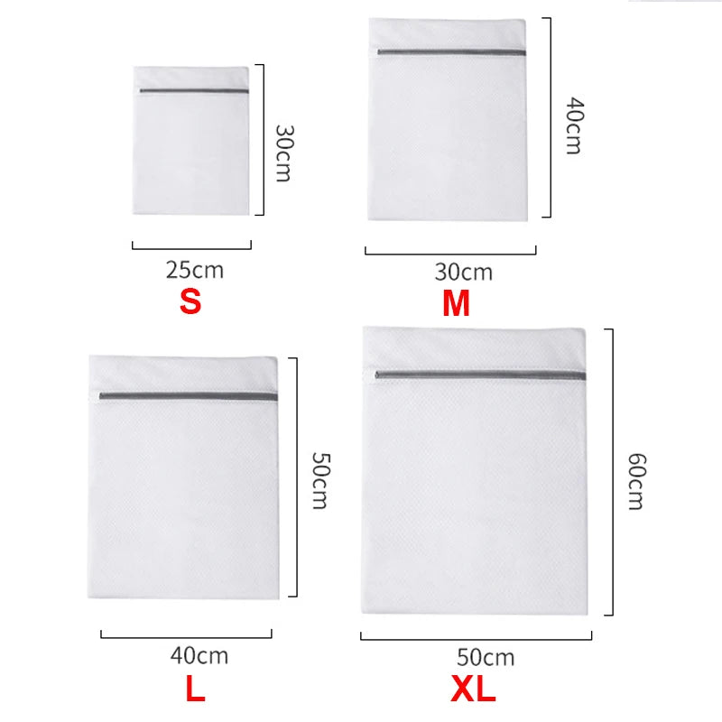A set of fine mesh laundry bags in white for various sizes S, M, L, and XL.