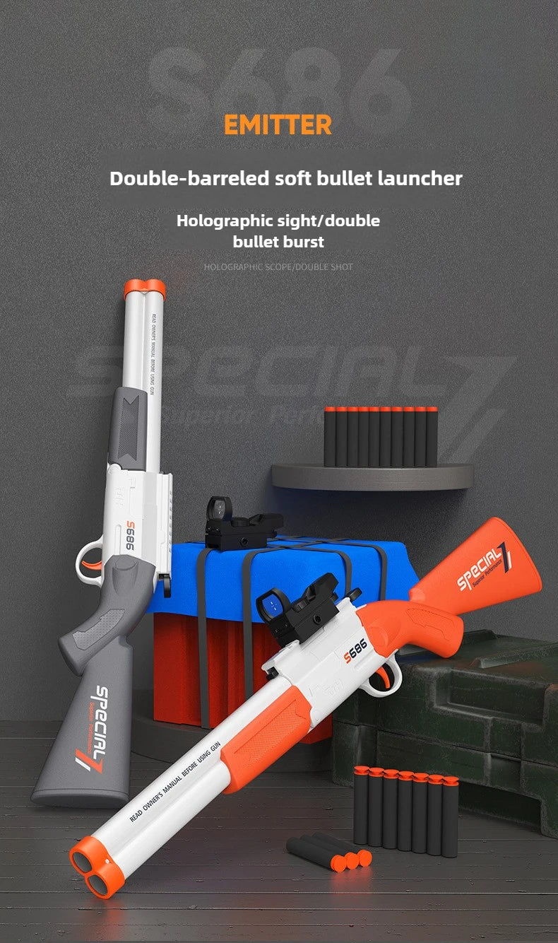 A white and orange double-barreled soft bullet launcher rifle is displayed on a dark surface with ammunition and accessories.
