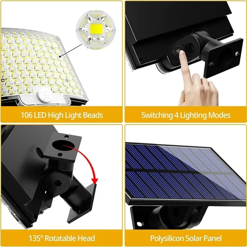 Solar powered flood light featuring a detachable polysilicon panel and a rotatable head with four lighting modes