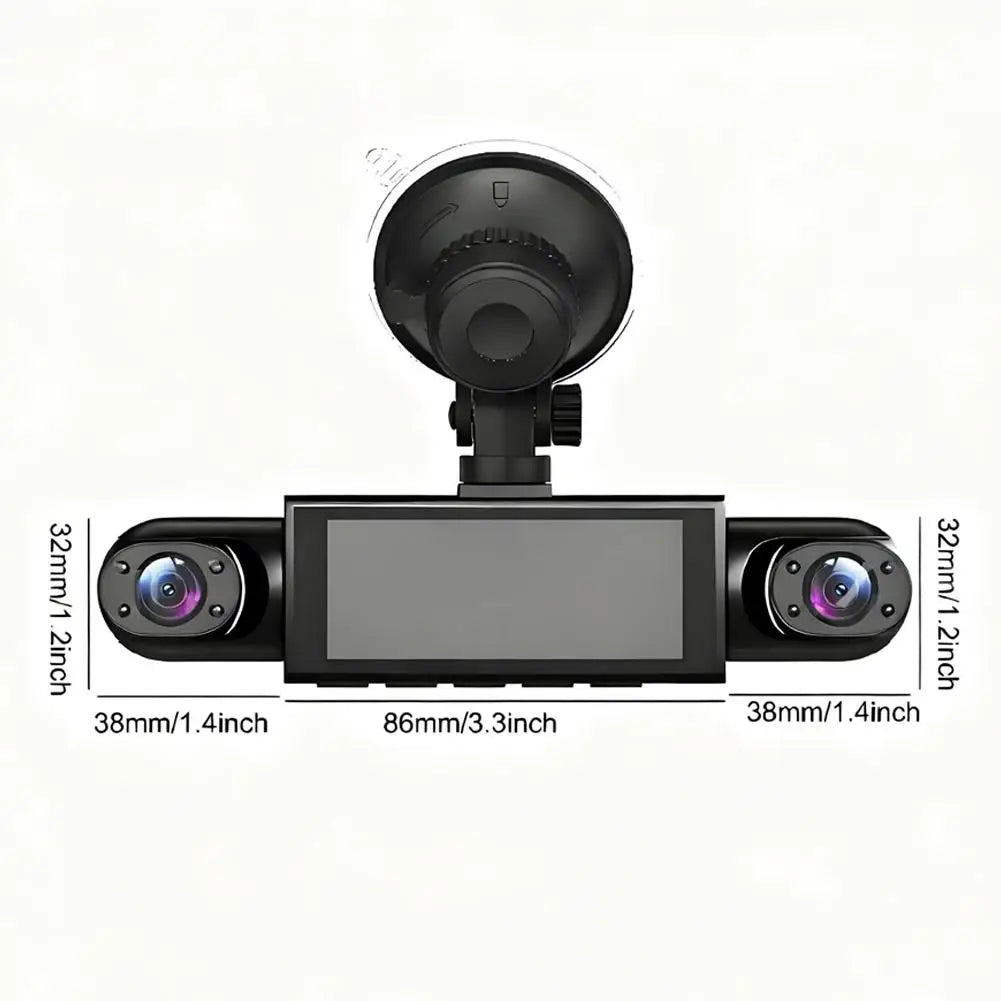 A black 4-channel dash cam system with a camera module and mounting brackets.