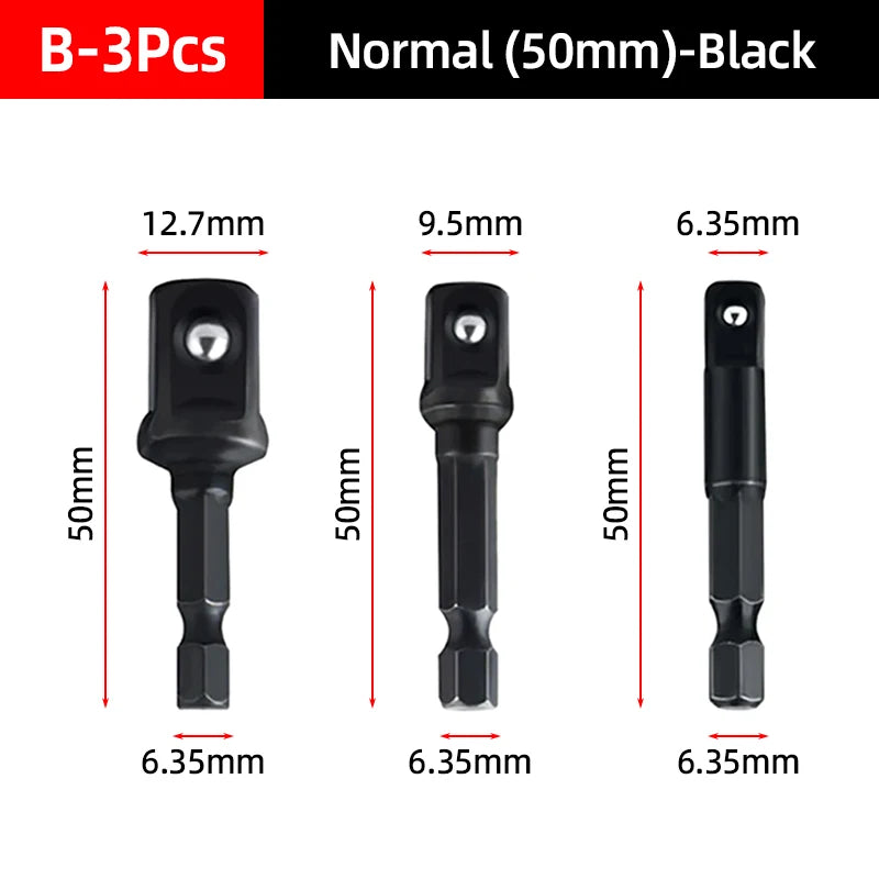 Hex Shank Socket Adapter Set for Power Drills (1/4, 3/8, 1/2 Inch)