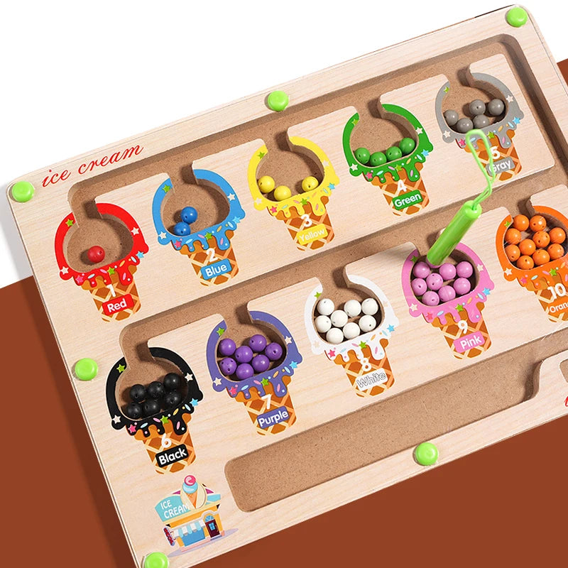 Wooden magnetic color sorting maze board for kids with various colored ice cream toppings