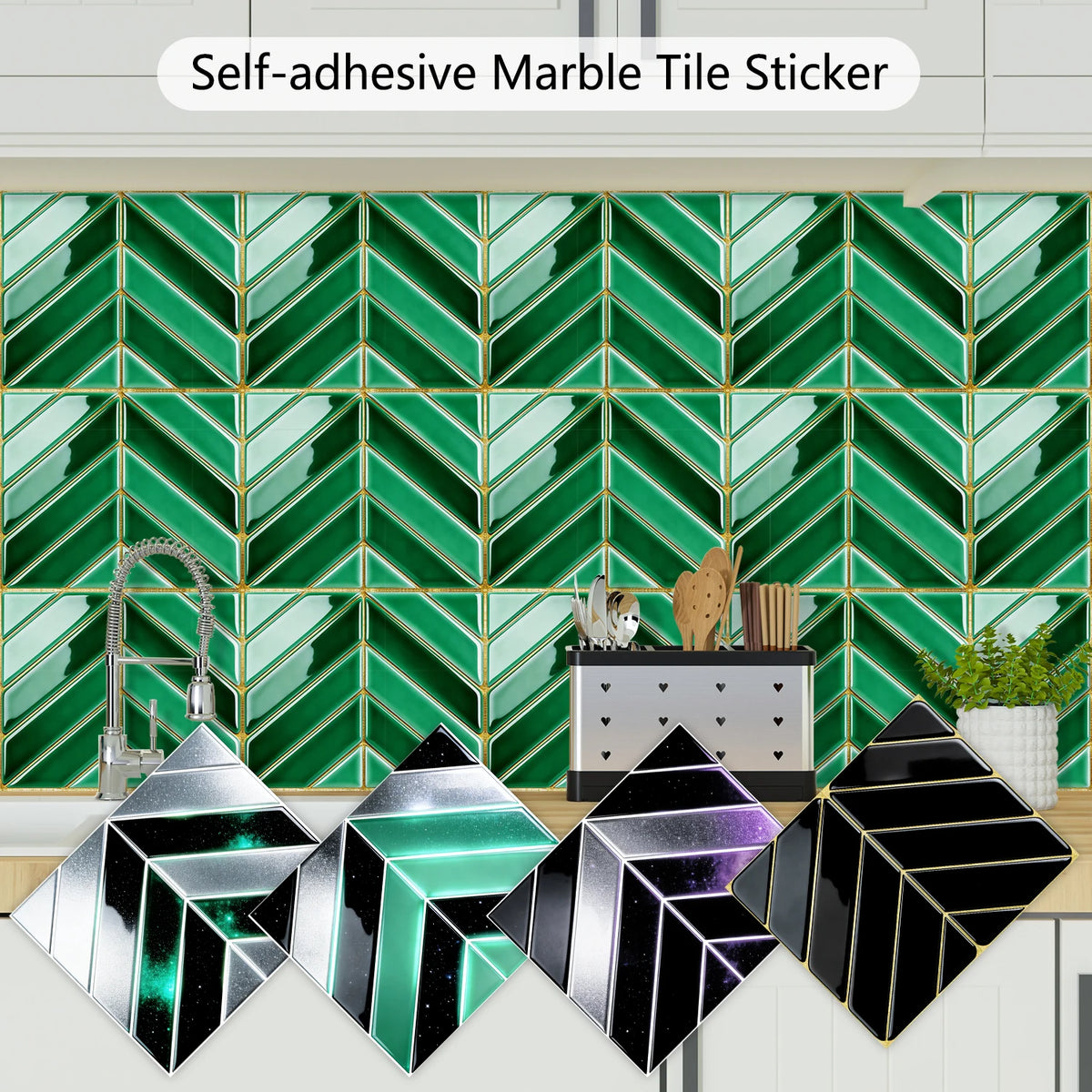 Self-adhesive marble tile stickers in various geometric patterns displayed against a green tiled wall.