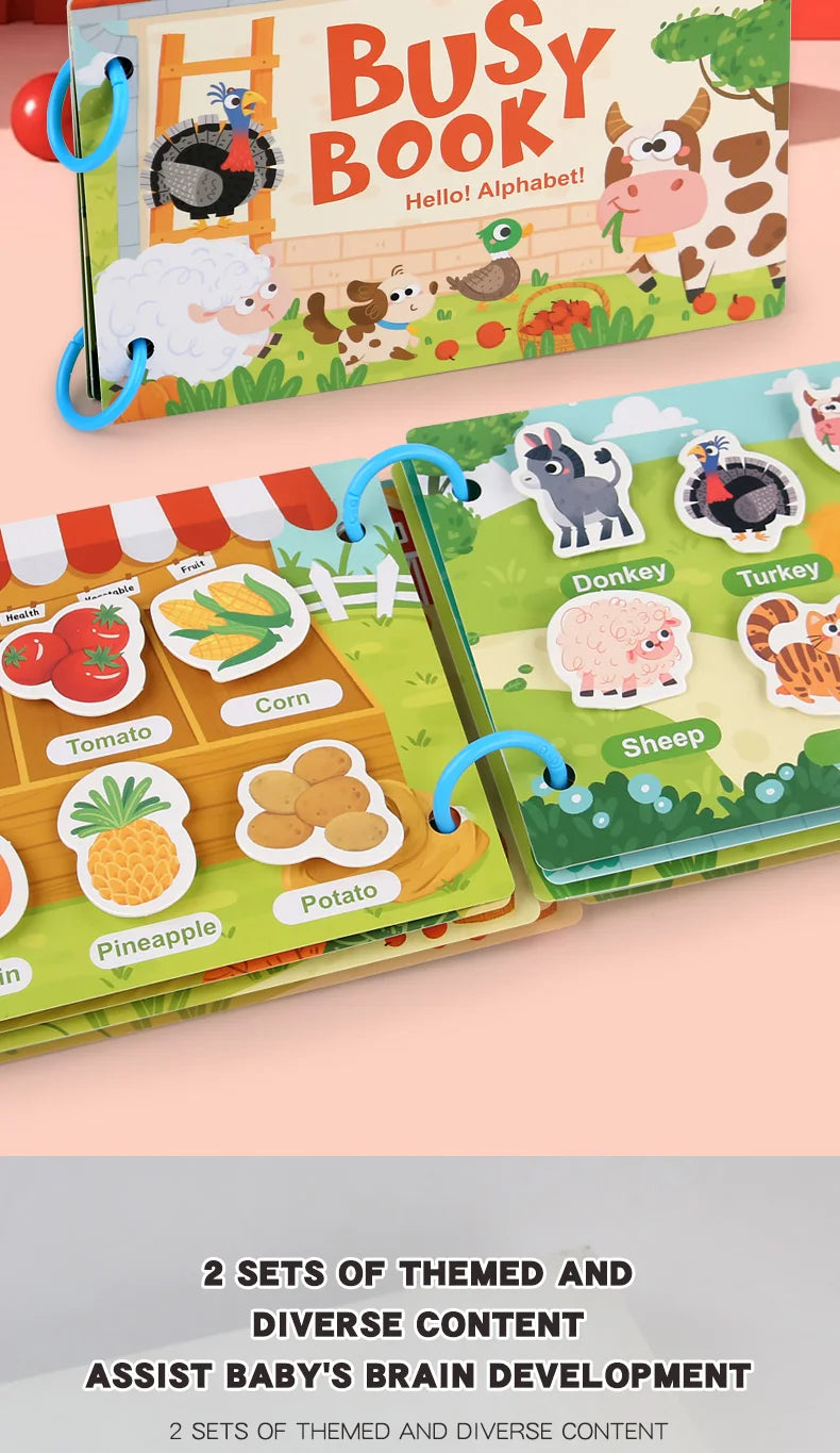 A set of two themed and diverse content books for baby's brain development featuring farm animals and food items