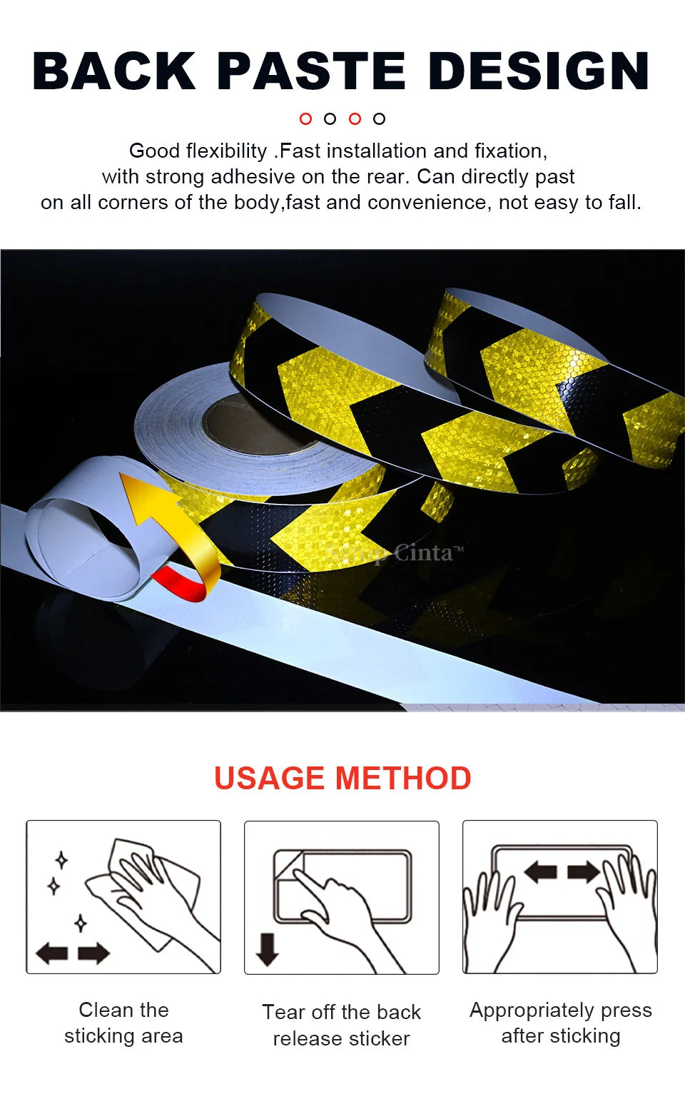 Rolls of black and yellow high-visibility reflective safety tape for vehicle design and installation