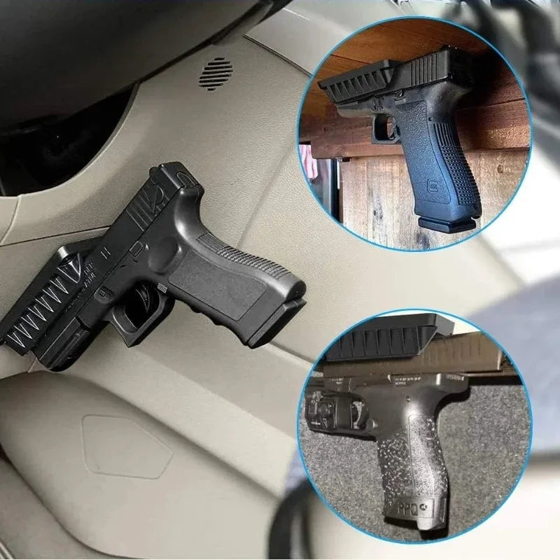 Close-up view of a black magnetic gun mount with a quick-release lock shown in various angles.