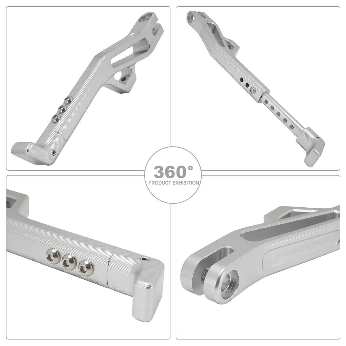CNC aluminum adjustable motorcycle kickstand for Sur Ron and Segway shown in multiple angles
